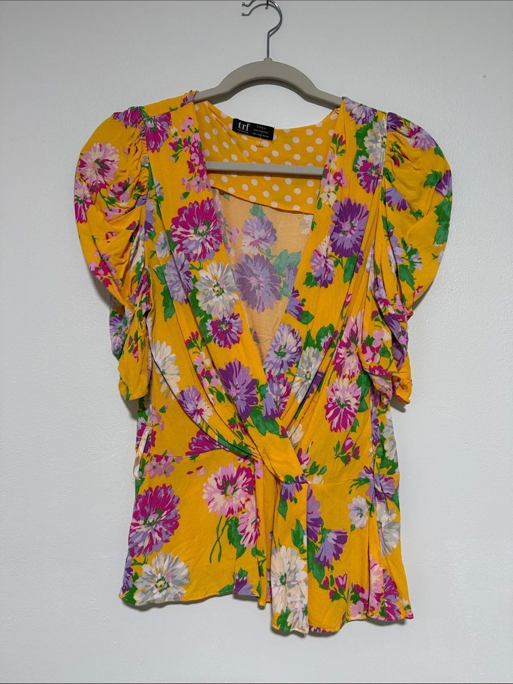 Zara Yellow Floral Wrap Blouse with Purple & White Blooms Puff Sleeve